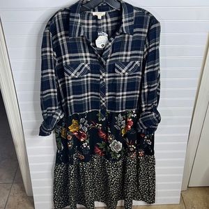 Oddy Anthropologie Tiered Plaid Floral Mixed Media Print Dress Tunic Size 2XL